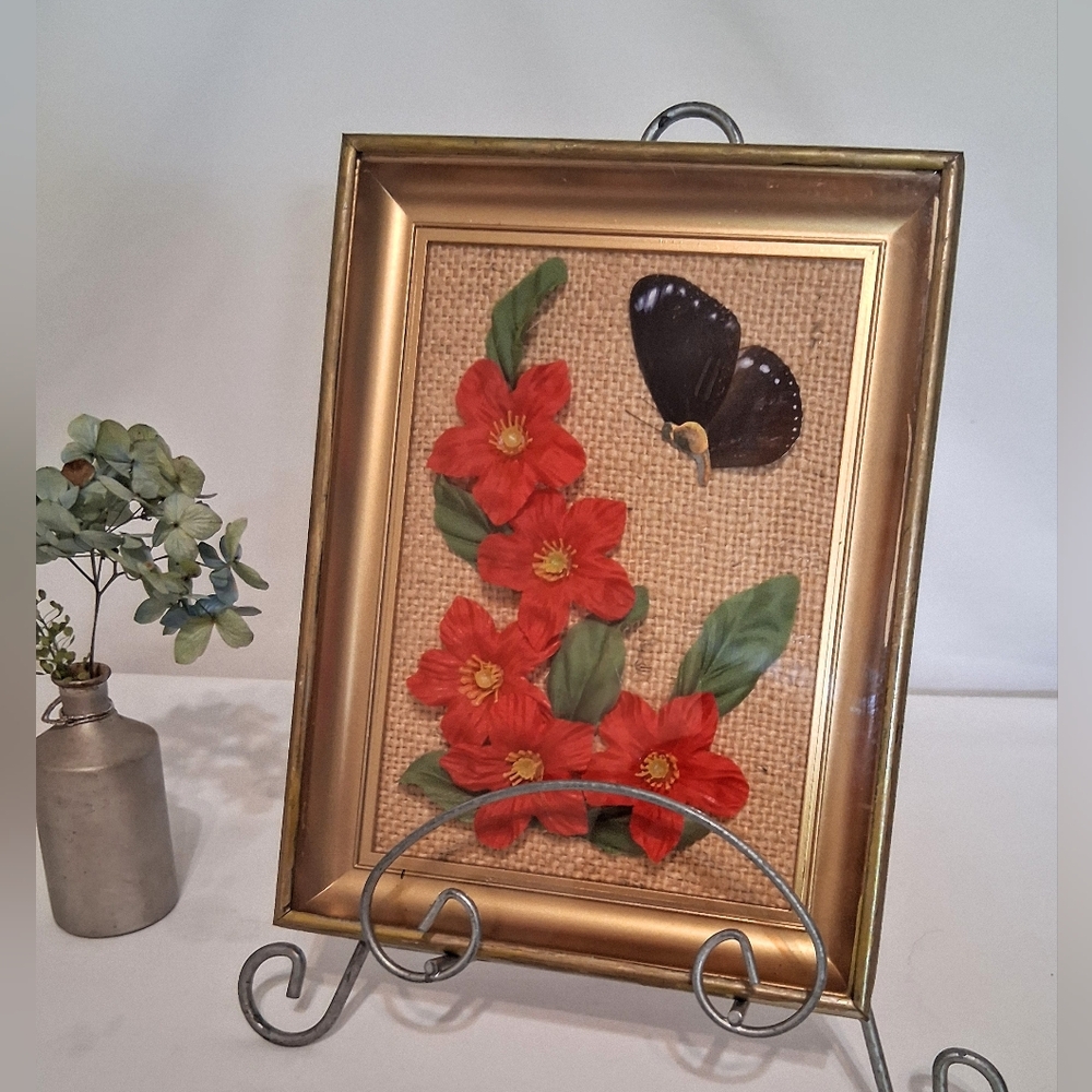 Vintage 70s Gold Tone Metal Shadow Box Frame - Burlap, Faux Flowers, Butterfly